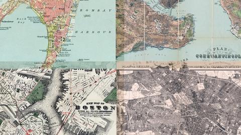 Four vintage maps of Bombay, Constantinople, Boston, Berlin