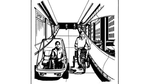 A person in a small glass car to the left and person on a three wheel bike to the right.