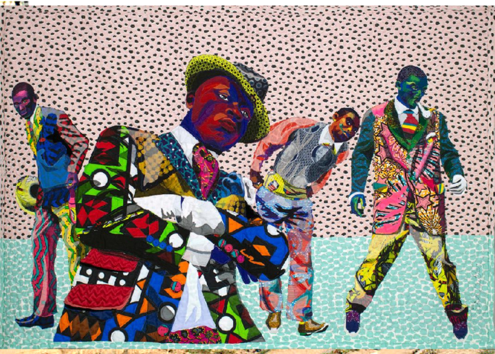 colorful painting of four men striking poses and in motion