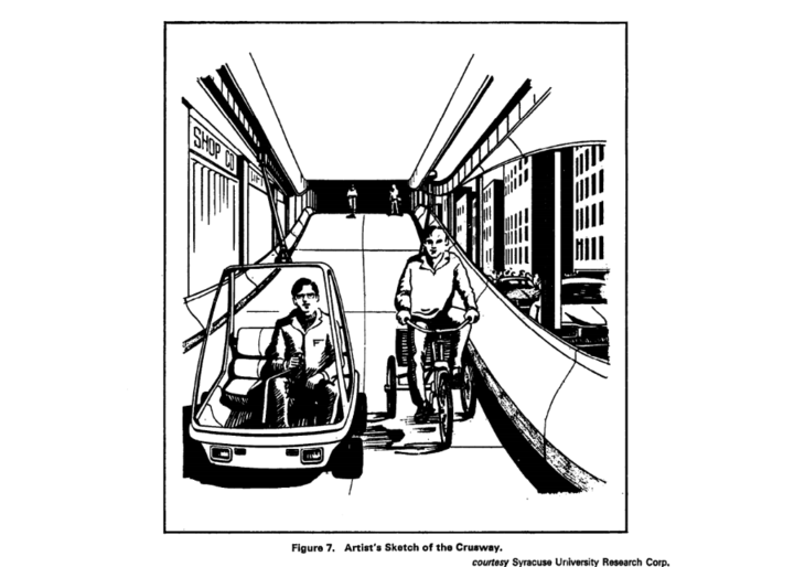 A person in a small glass car to the left and person on a three wheel bike to the right.