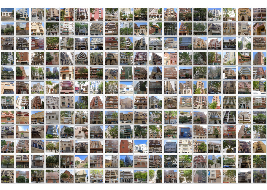A grid of photographs of city home exteriors in Barcelona, Spain.